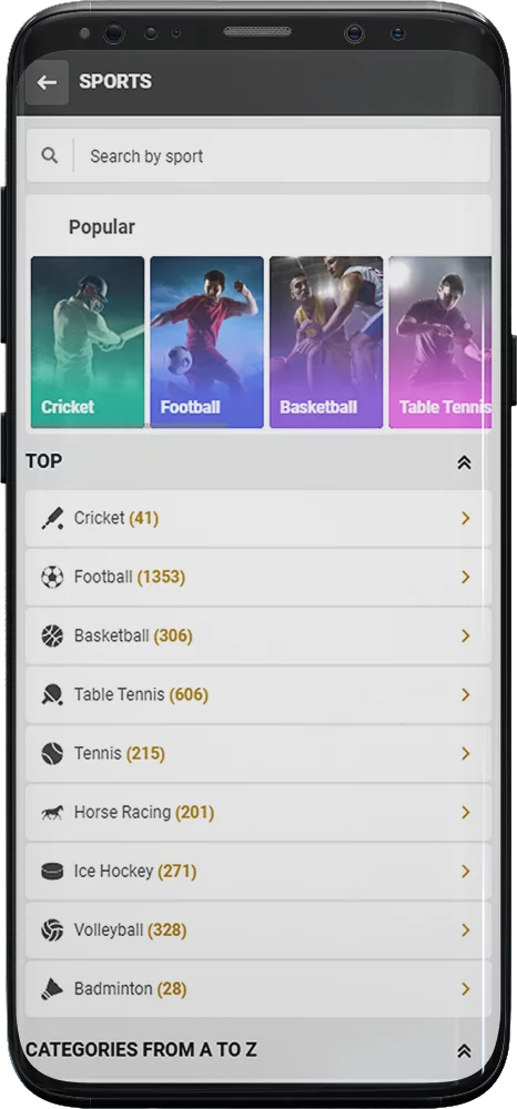 Screenshot of sports in the Melbet app
