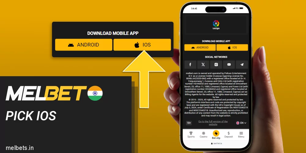 Click the iOS button in the Melbet footer
