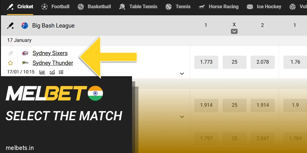 Select the cricket match at Melbet