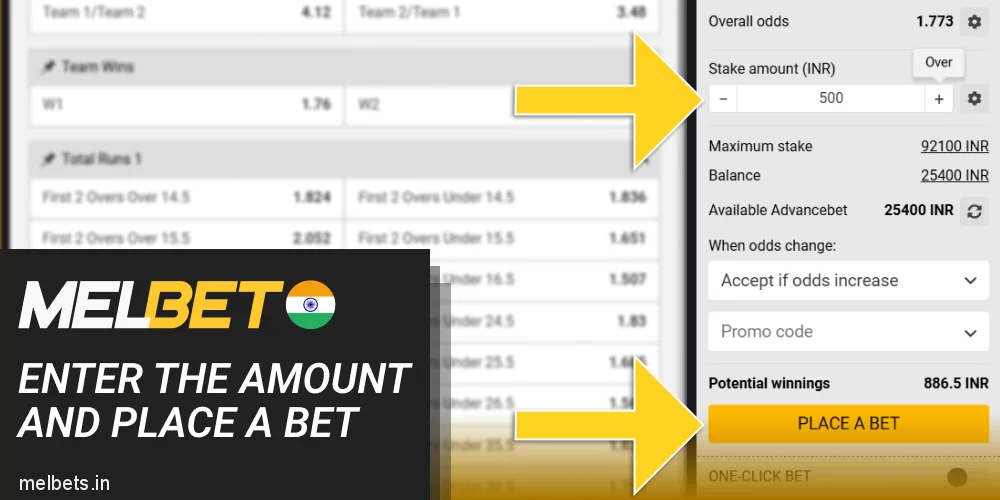 Type in your amount and place a stake on cricket at Melbet