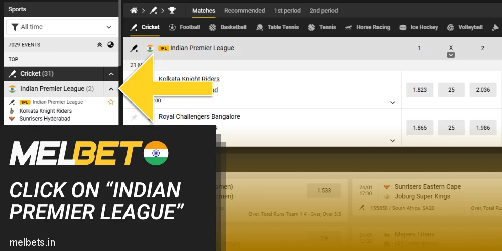 Click on the "IPL" button at Melbet