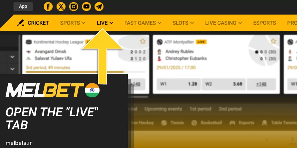 Open the Live tab at Melbet website