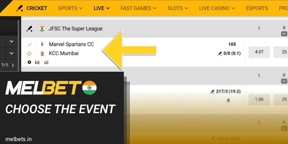 Choose the live event at Melbet
