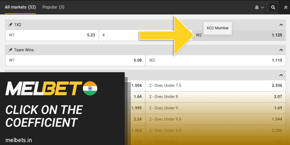 Click on the odds at Melbet live event