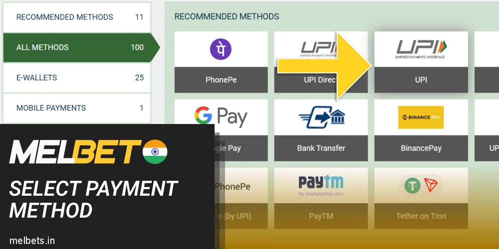 Select the payment tool at Melbet