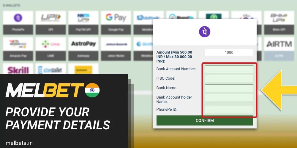 Enter your payment details in Melbet withdraw form