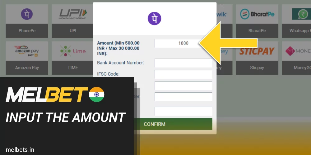 Enter the amount you want to withdraw from Melbet