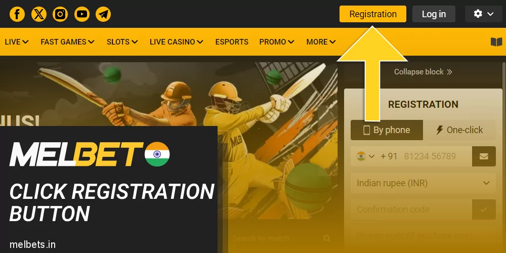 Click on the "Registration" button at Melbet