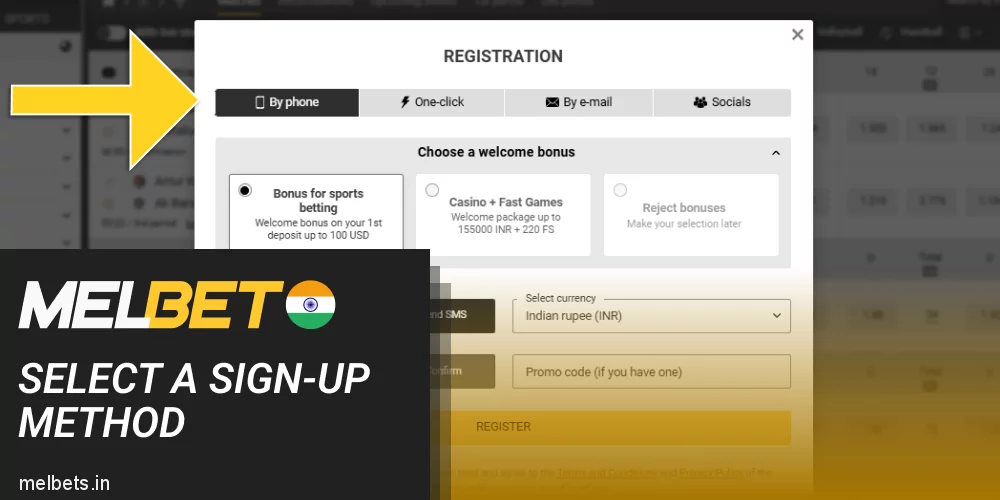 Select a sign-up method in Melbet register form